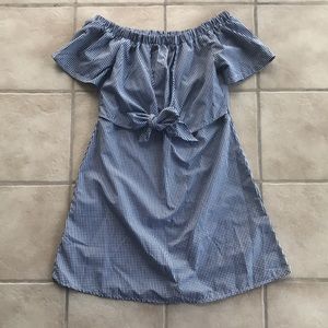 Gingham tie front off the shoulder dress